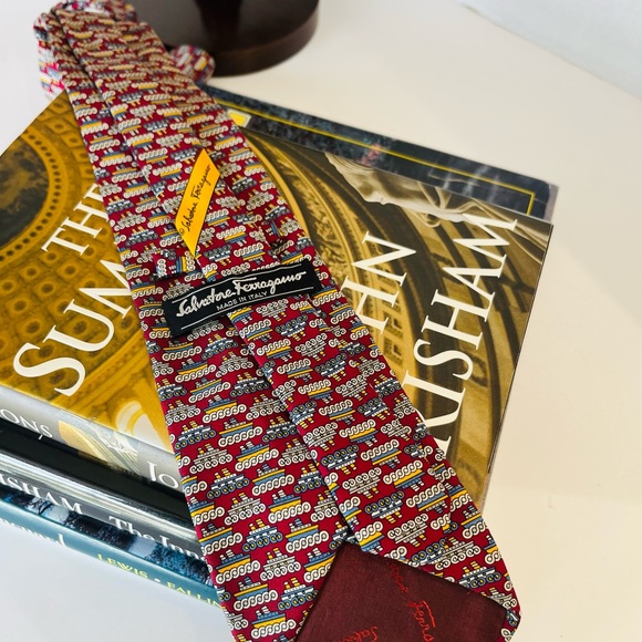 SALVATORE FERRAGAMO Silk Necktie “Tug Boat” Print Tipped Burgundy Gray 58.5x3.5 - Picture 3 of 10
